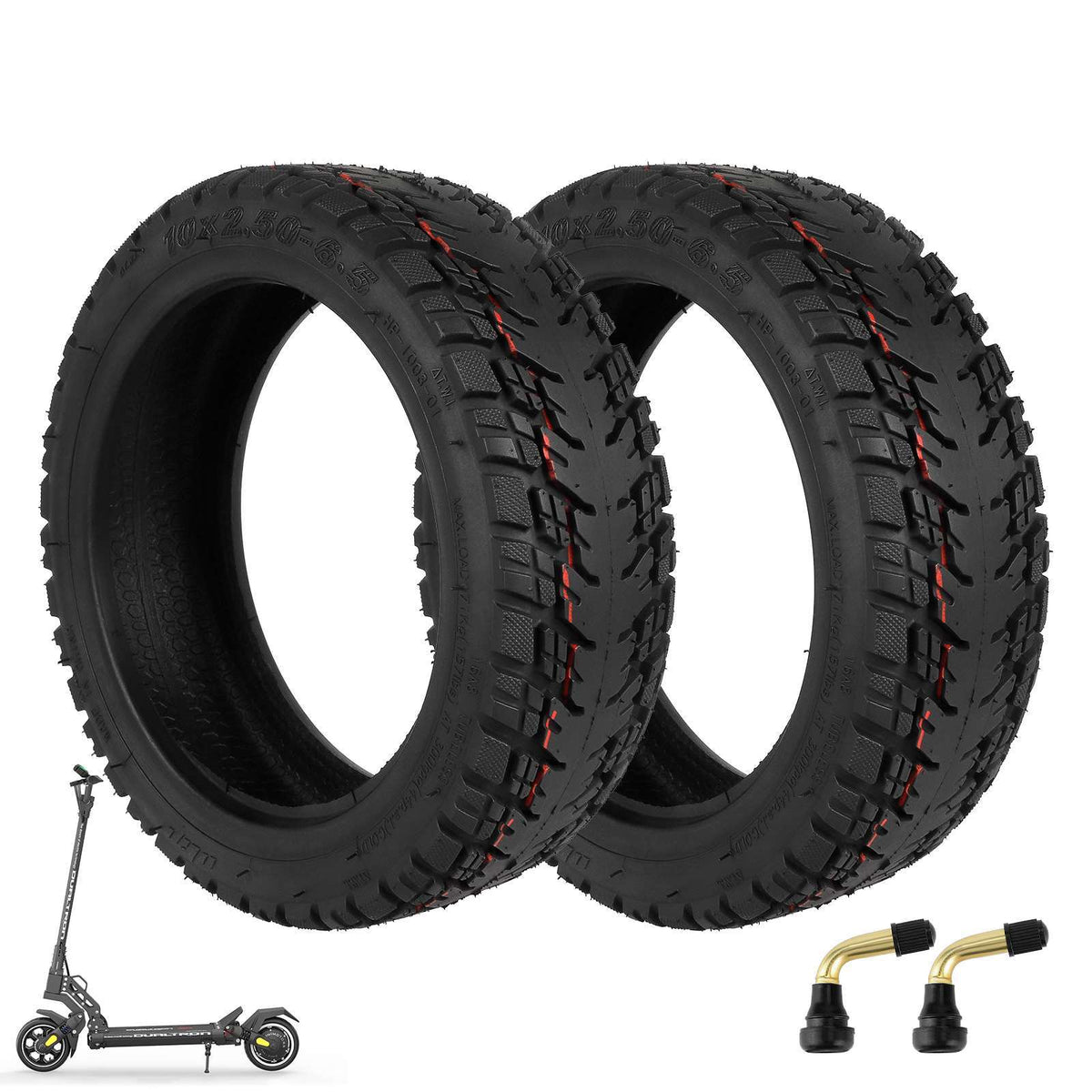 Deux pneus tubeless tout-terrain 10 pouces noirs avec leurs valves coudées PVR50