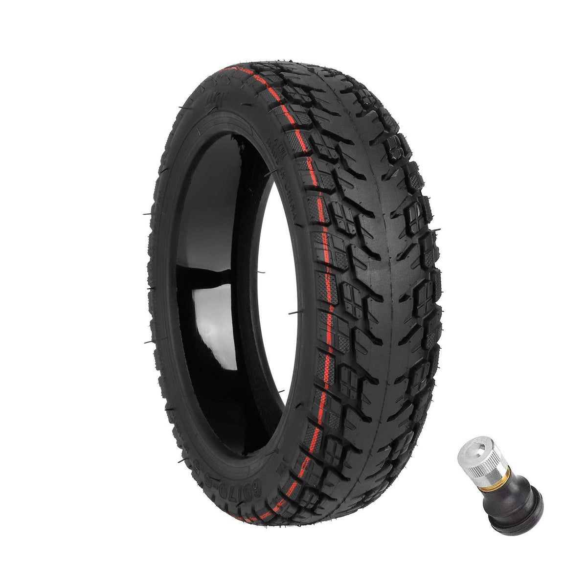 Pneu tubeless tout-terrain 10 pouces noir avec valve et lignes rouges