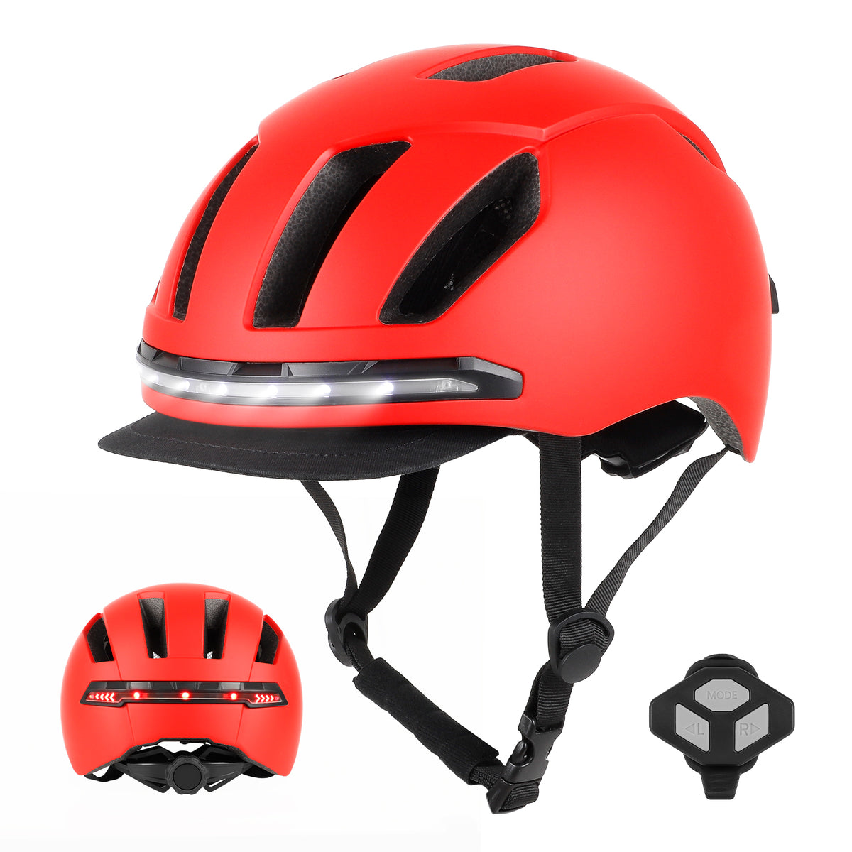 Casque rouge intelligent avec éclairage LED, feux clignotants et télécommande sans fil pour guidon