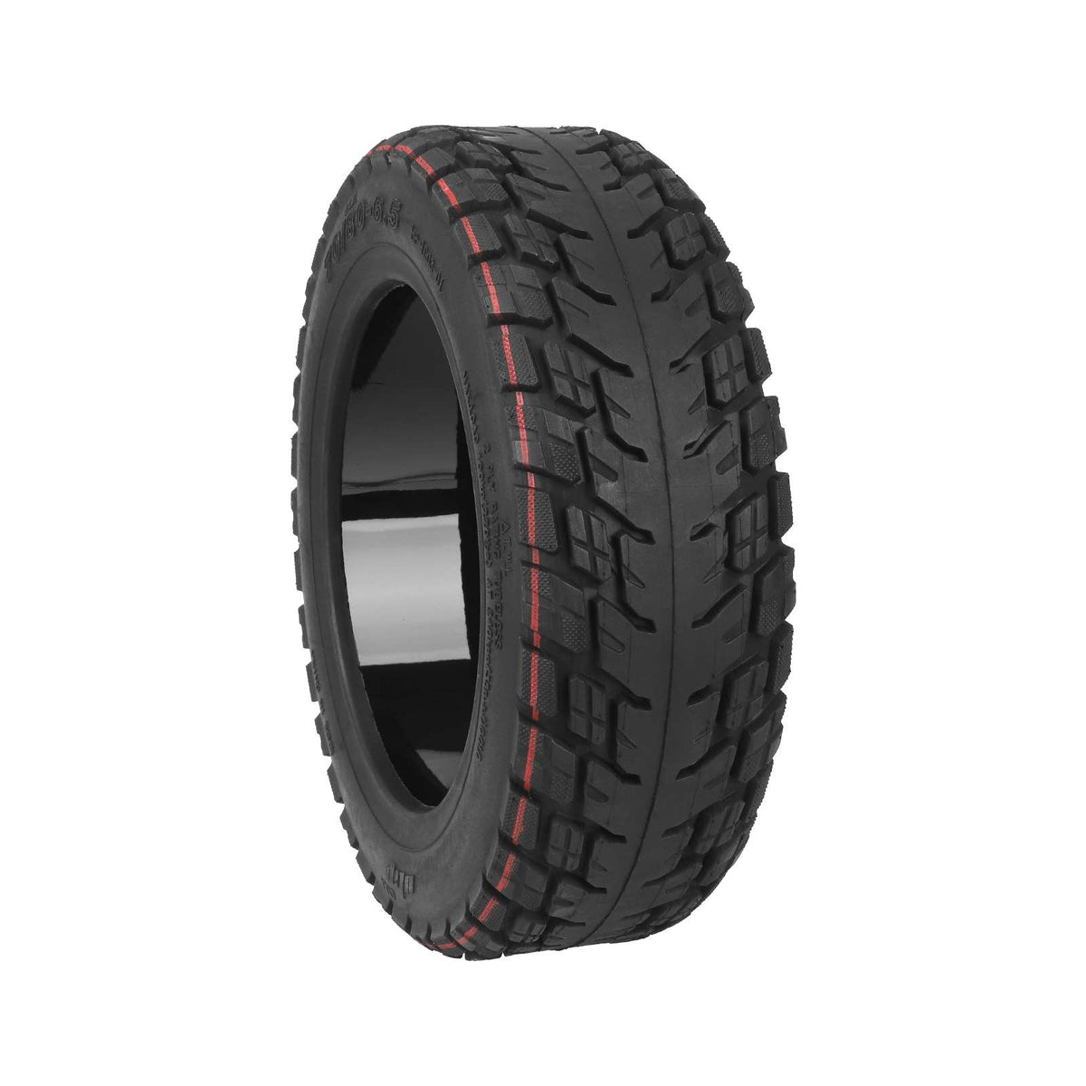 Pneu tubeless tout-terrain noir de 11 pouces avec motifs antidérapants et liserés rouges vu de trois quarts