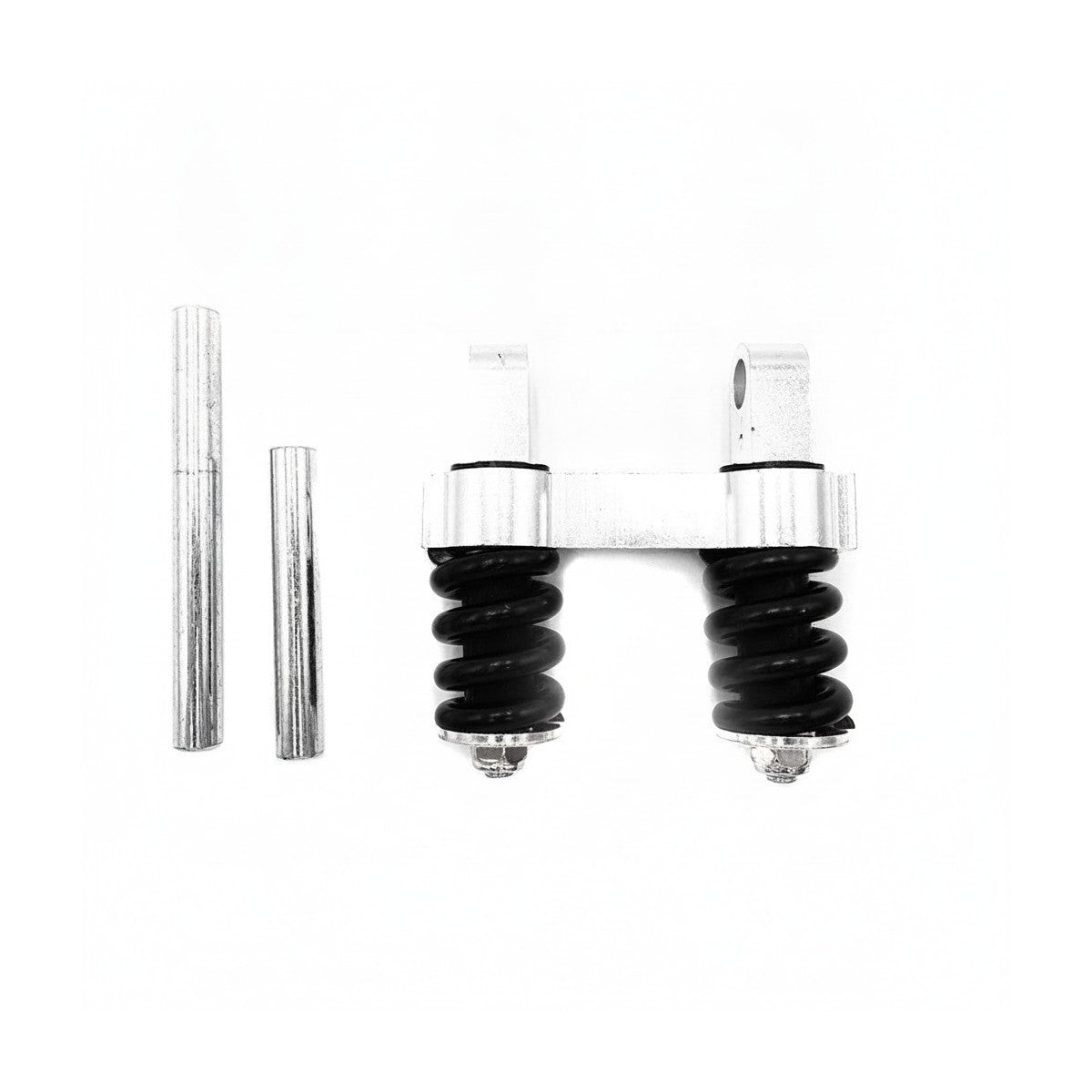 Suspension arrière double à ressorts noirs avec deux axes métalliques sur fond blanc
