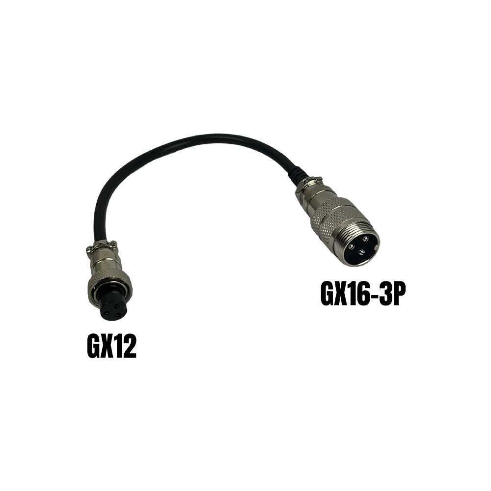 Câble adaptateur noir avec connecteur GX16-3P mâle et connecteur GX12 femelle sur fond blanc