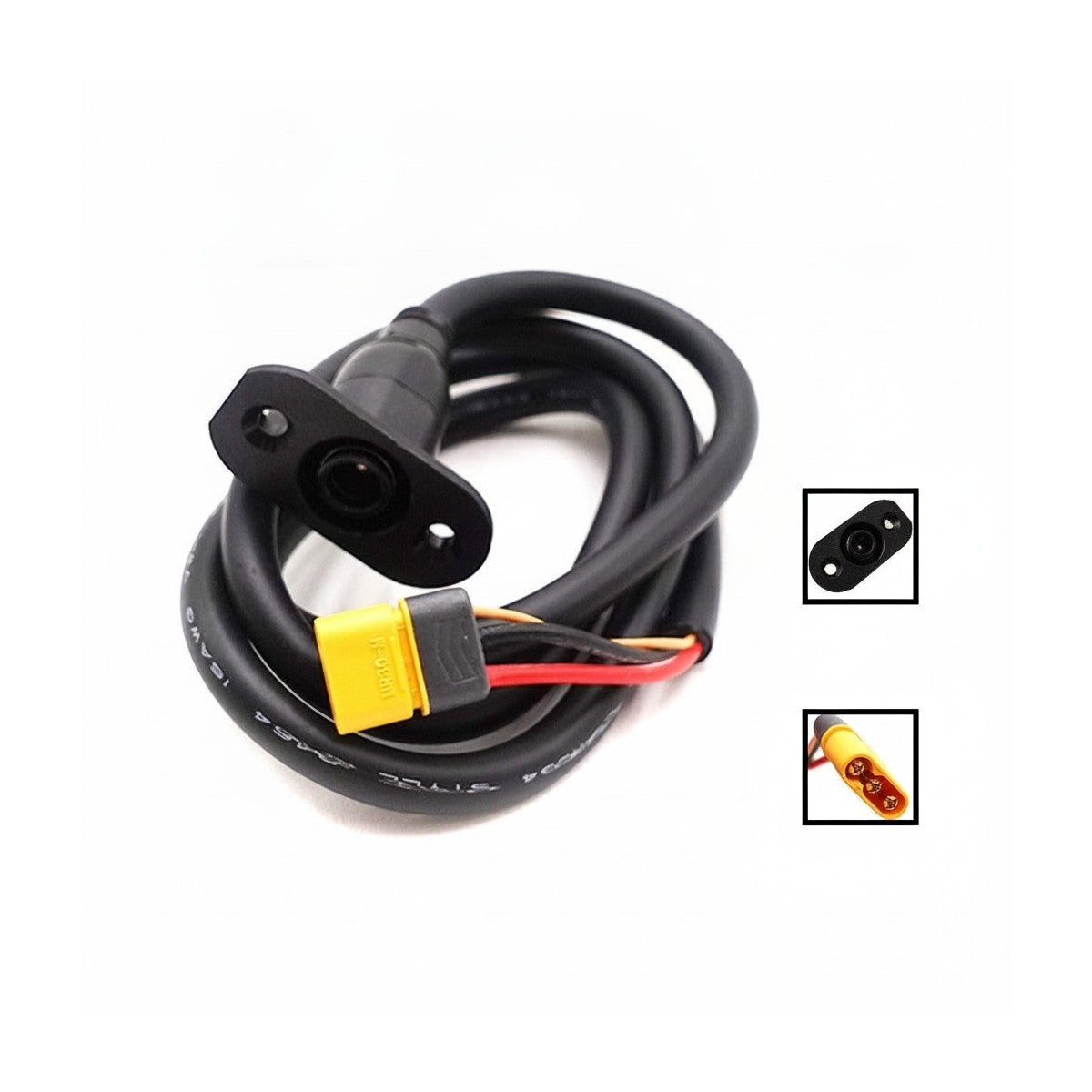 Port de charge noir avec son câble de 79 cm et connecteur MR30 jaune sur fond blanc