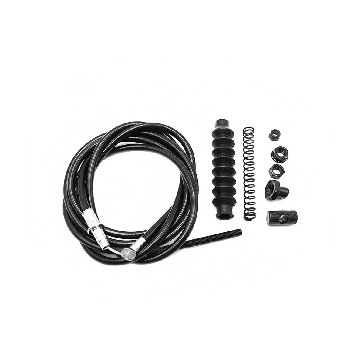 Câble de frein noir avec sa gaine, un ressort et la visserie de fixation pour trottinette électrique Xiaomi 4 Ultra sur fond blanc