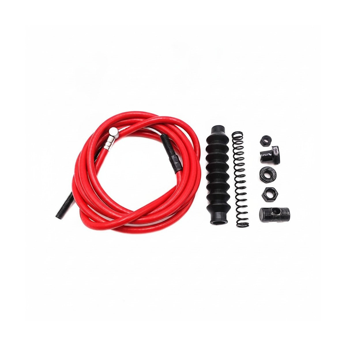 Câble de frein rouge avec sa gaine, un ressort et ses accessoires de fixation sur fond blanc.