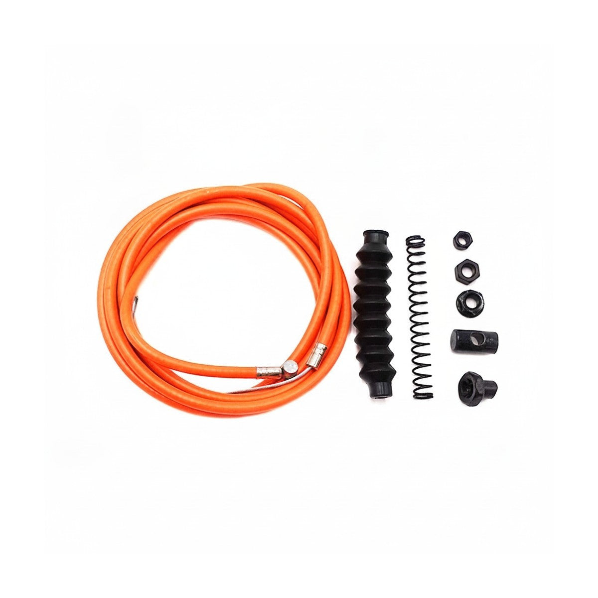 Câble de frein orange enroulé avec sa gaine, un ressort et des éléments de fixation sur fond blanc