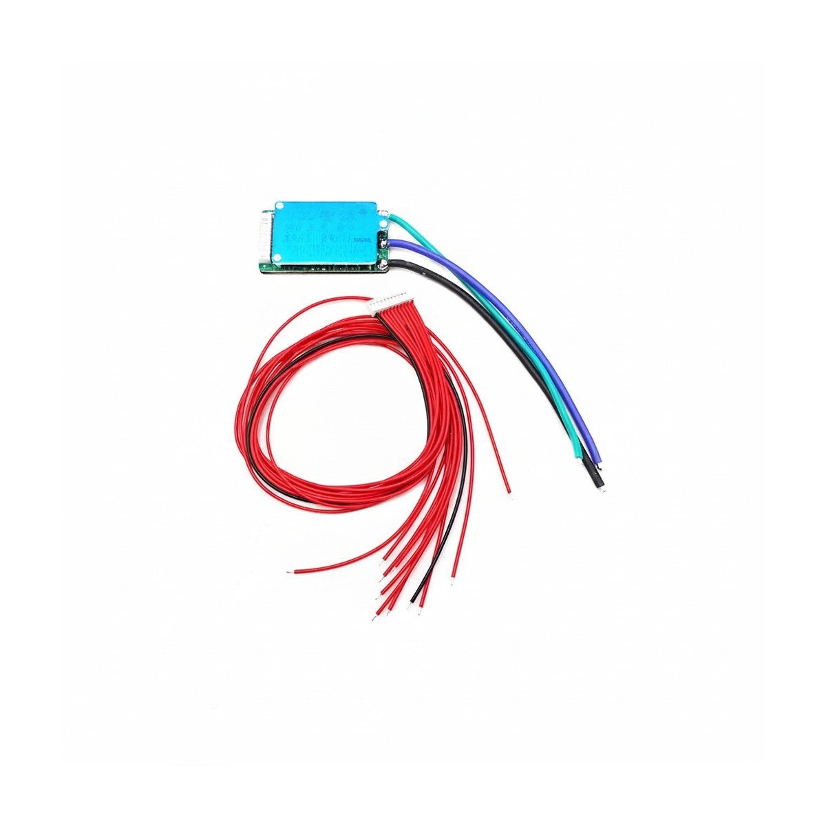 Carte BMS 36V 15A bleue et son faisceau de câblage sur fond blanc