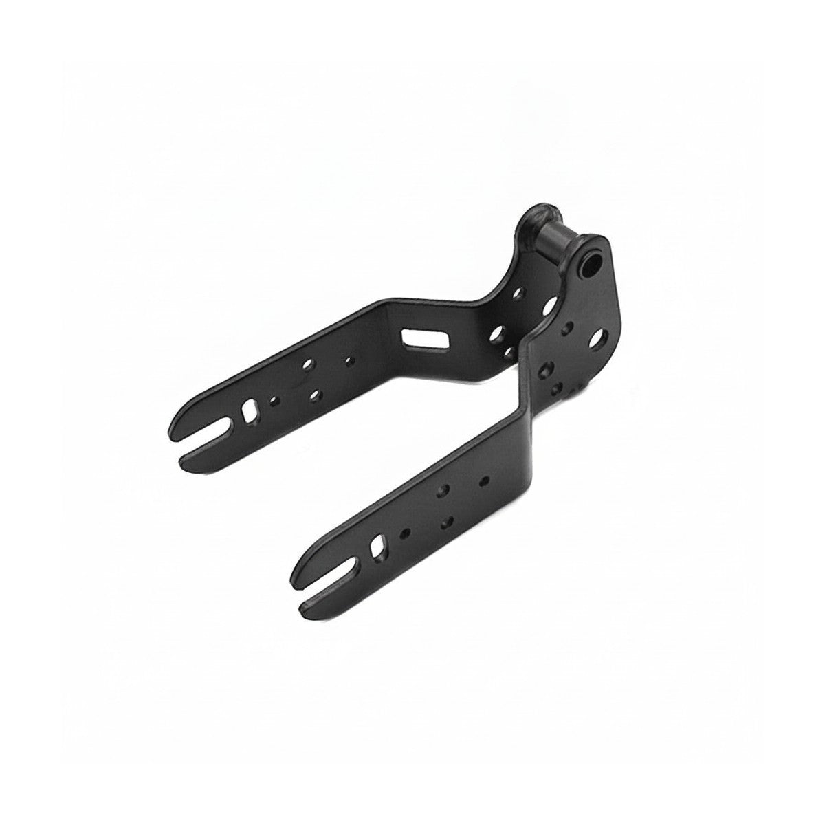 Fourche arrière métallique noire de trottinette électrique sur fond blanc