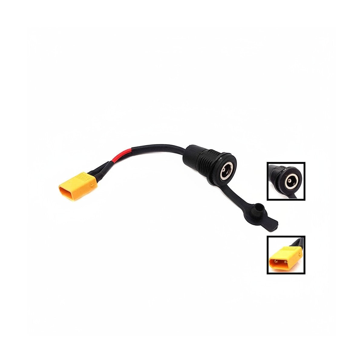 Port de charge pour trottinette électrique avec câble, capuchon de protection noir et connecteur jaune