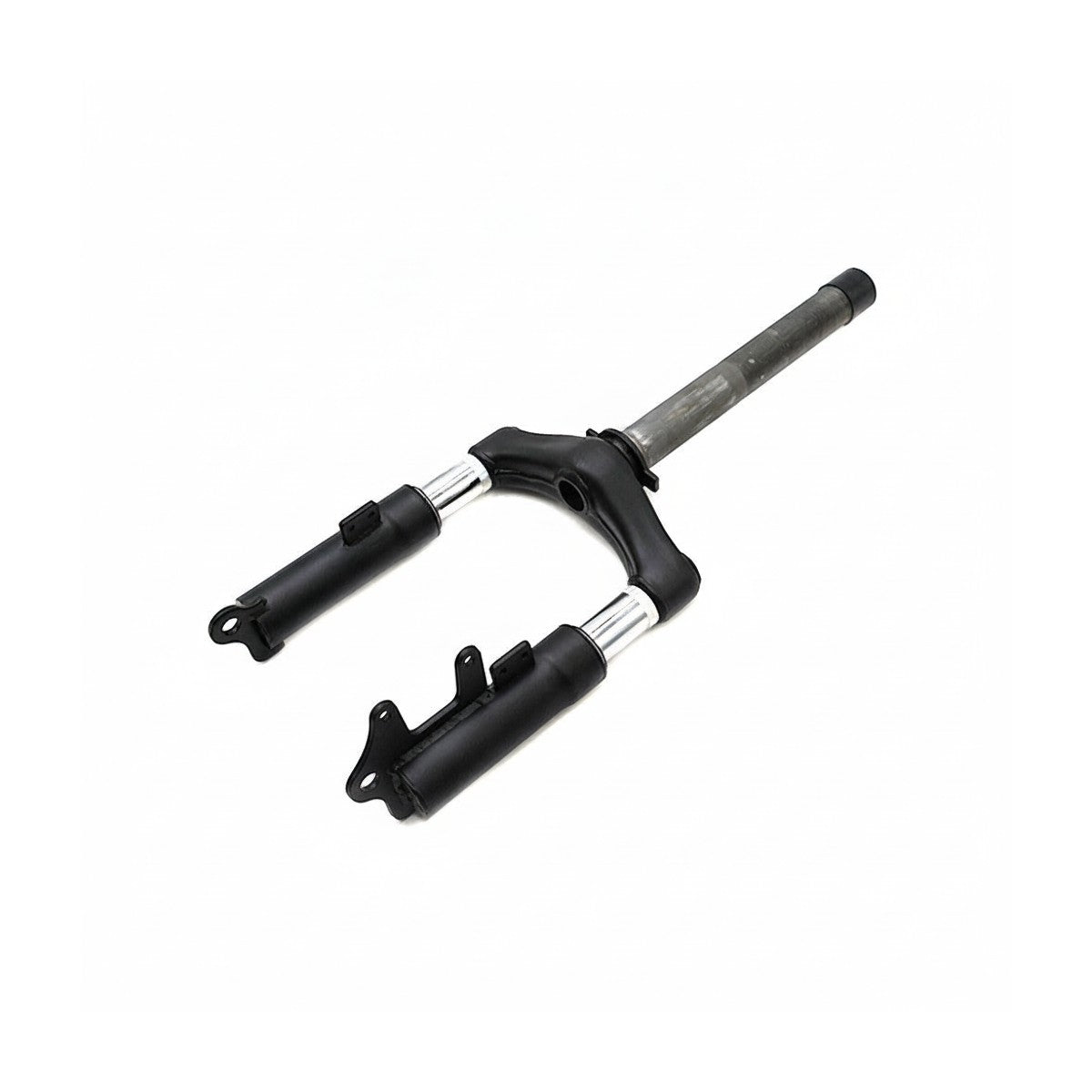 Fourche avant suspendue noire et argentée de trottinette électrique sur fond blanc