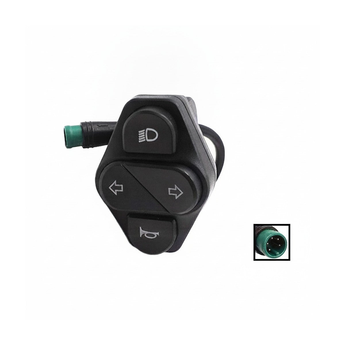 Commodo noir pour éclairage, clignotants et klaxon avec câble et connecteur vert 5 broches