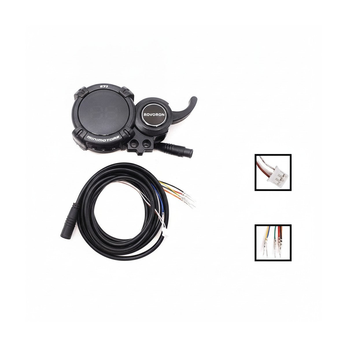 Afficheur LCD EY3 Rovoron noir avec gâchette d'accélération et son câble de connexion sur fond blanc