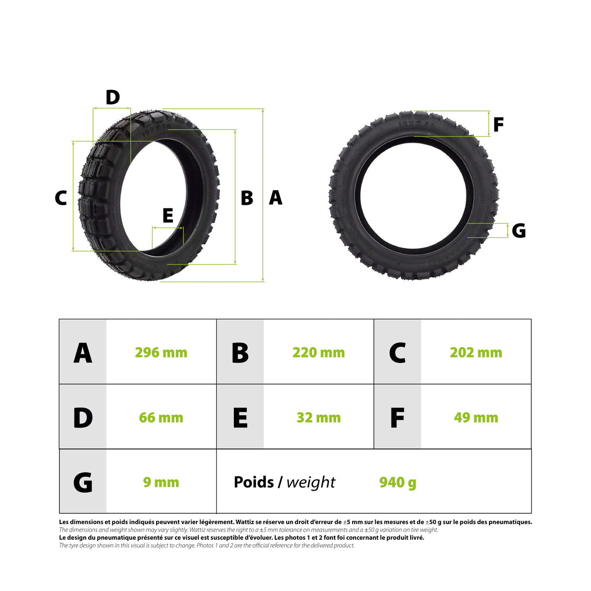 Pneu Tubeless Semi Off-Road 12x2,50 pour Trottinette Électrique