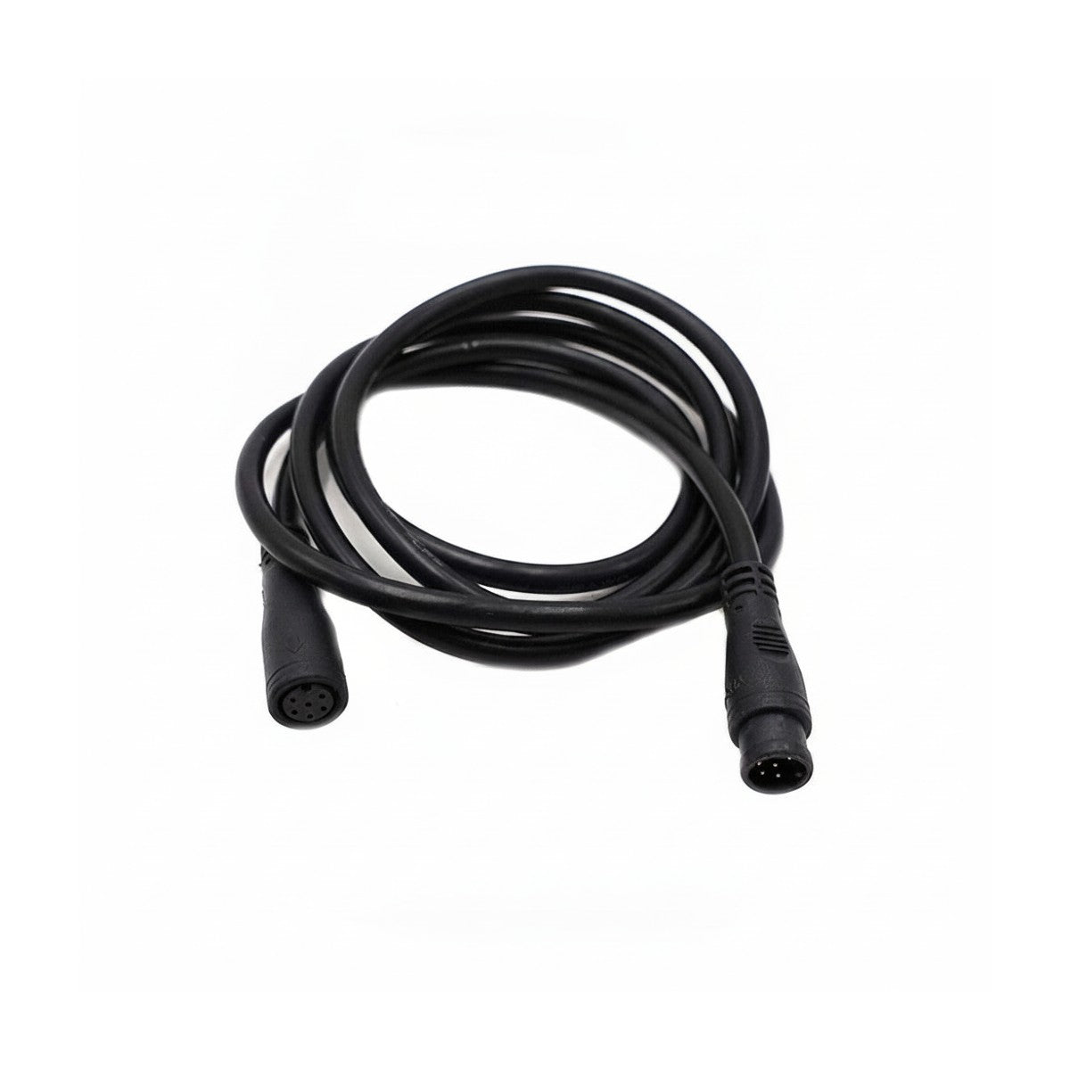 Câble étanche noir à 6 pins d'une longueur de 102 cm enroulé sur fond blanc