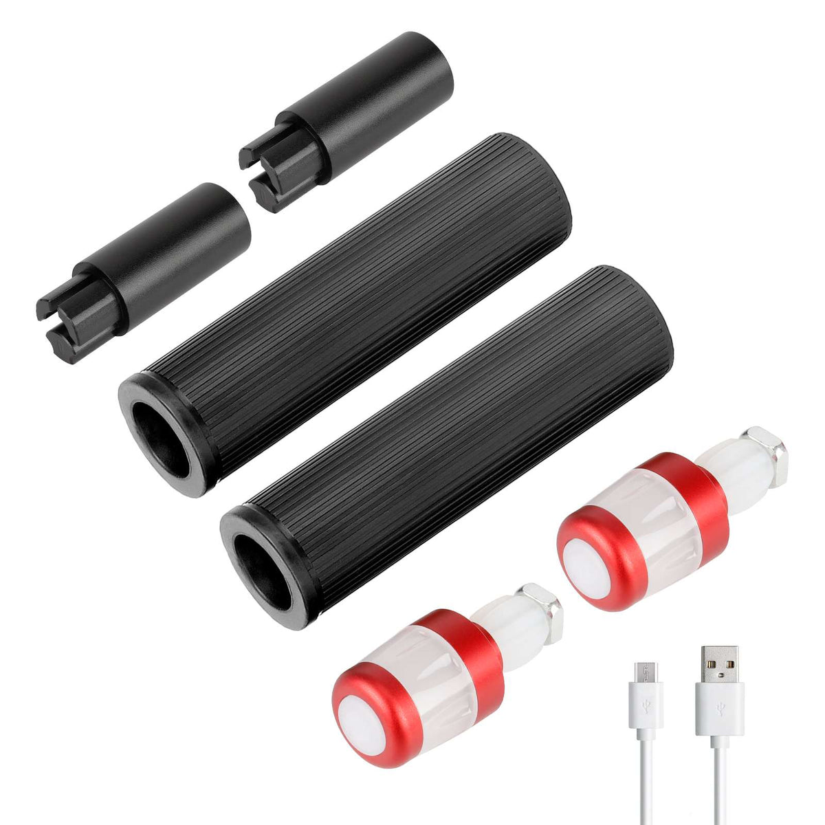 Kit de poignées noires de guidon avec rallonges, embouts lumineux LED rouges et câble de charge USB
