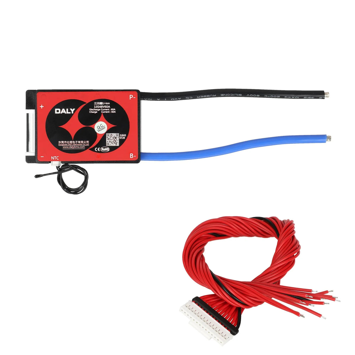 Carte BMS Daly 48V 60A 13S rouge avec ses câbles de connexion