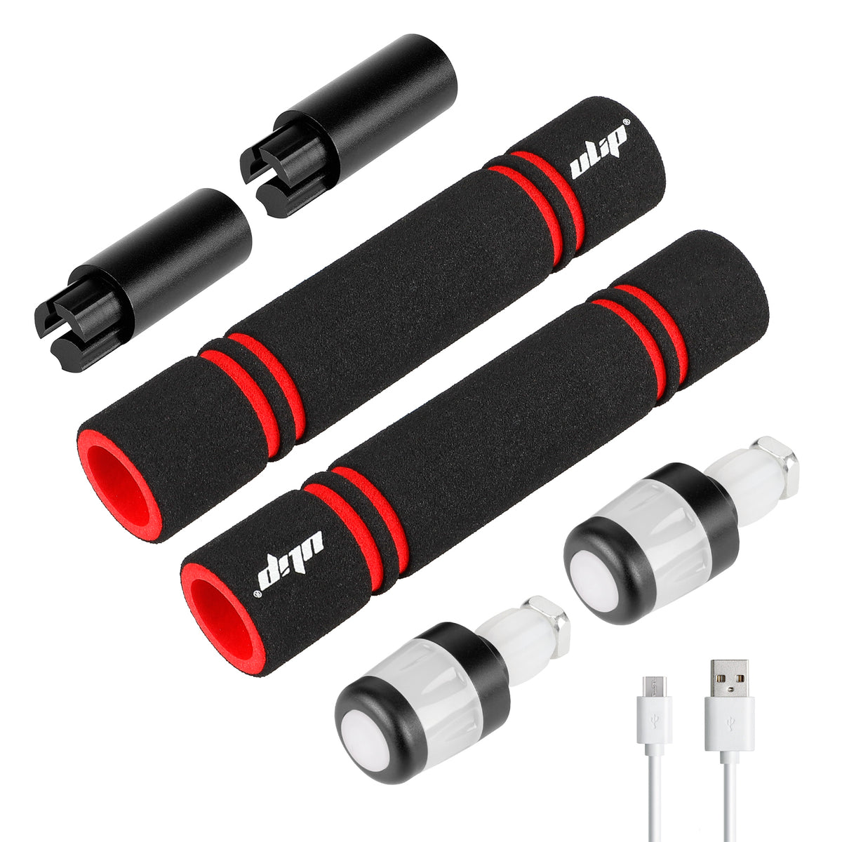 Kit d'extension de guidon comprenant des poignées noires et rouges, des embouts avec clignotants lumineux et un câble de recharge USB
