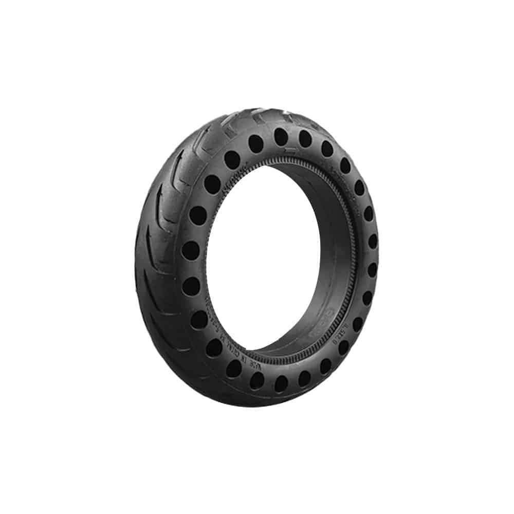 Pneu plein alvéolé noir de dimension 8,5x2 pour trottinette électrique vu de trois-quarts