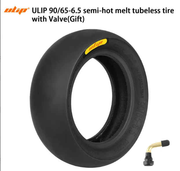 Pneu tubeless semi-slick 11 pouces noir avec valve PVR50 vu de trois-quarts