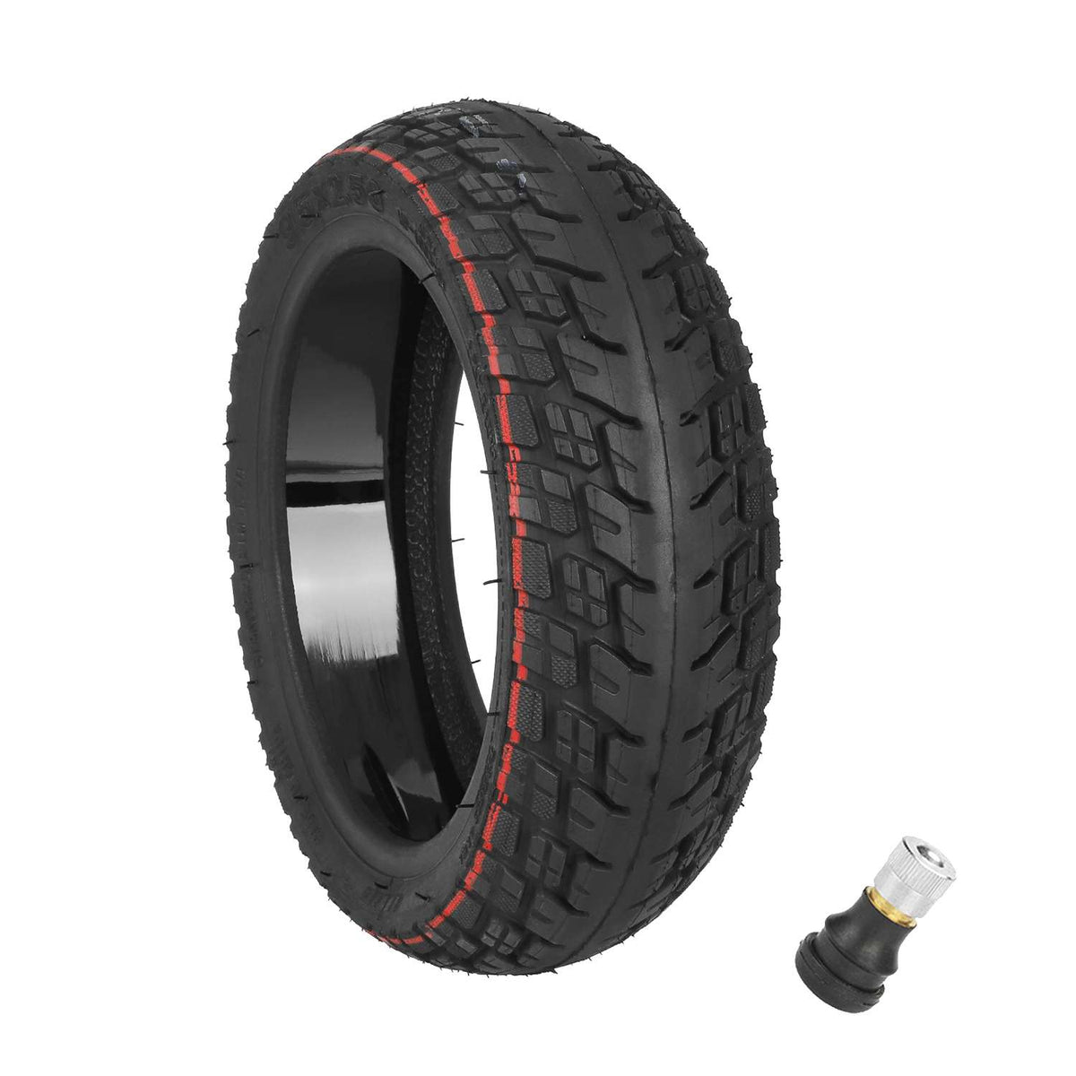 Pneu tubeless tout-terrain auto-réparant 9,5 pouces avec valve vu de trois-quarts