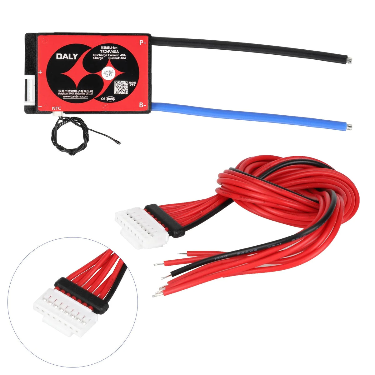 Carte de protection BMS Daly 24V 40A 7S rouge avec son faisceau de câbles