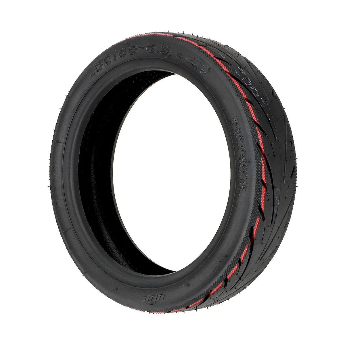 Pneu tubeless auto-réparant 10 pouces noir avec motifs rouges sur fond blanc