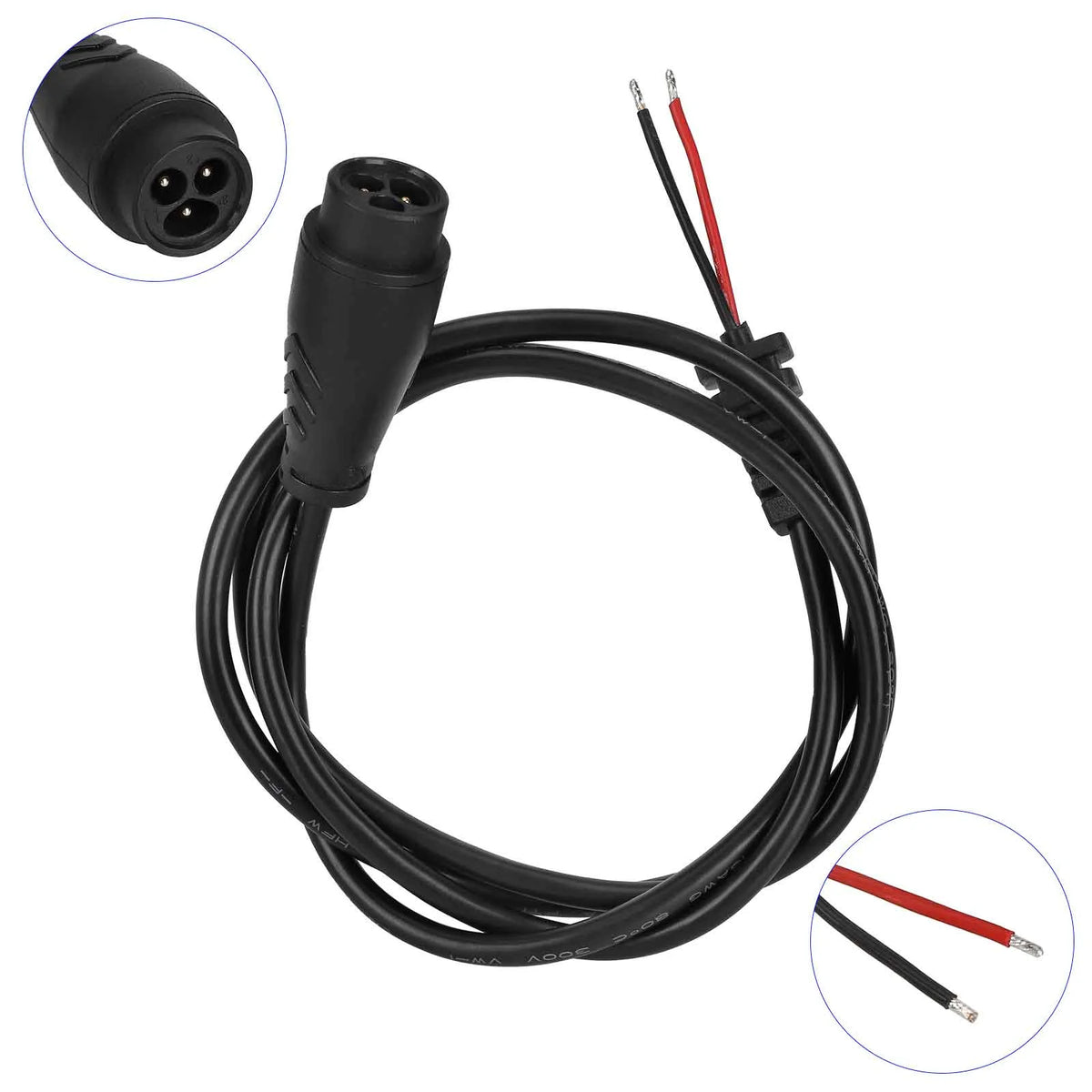 Câble de chargeur noir avec connecteur LP16 3 pins et fils dénudés rouge et noir