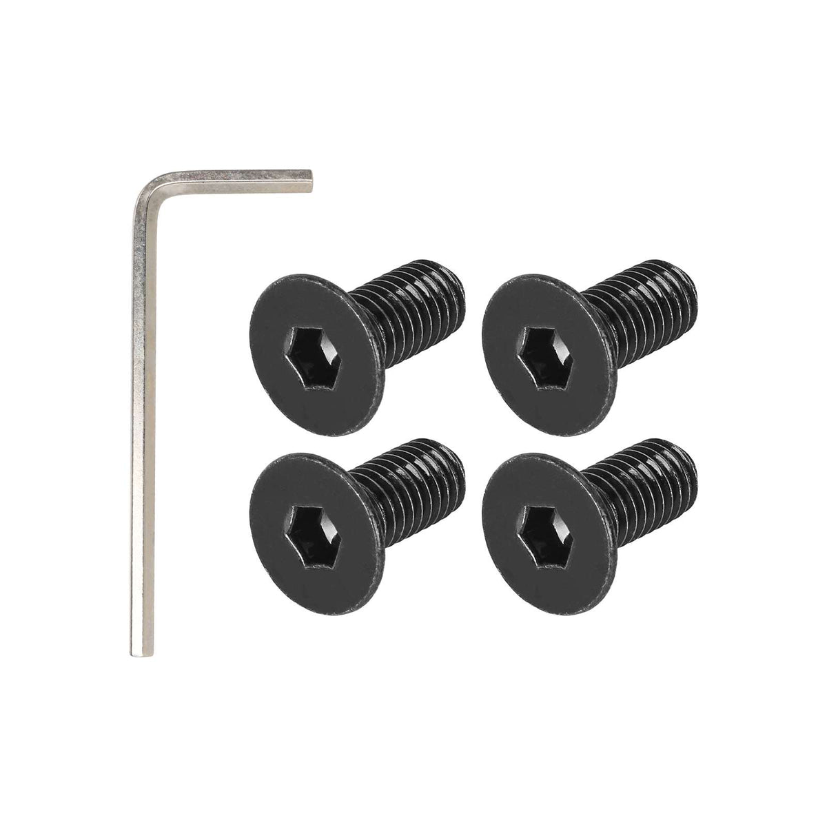 Lot de 4 vis de potence noires avec une clé Allen sur fond blanc