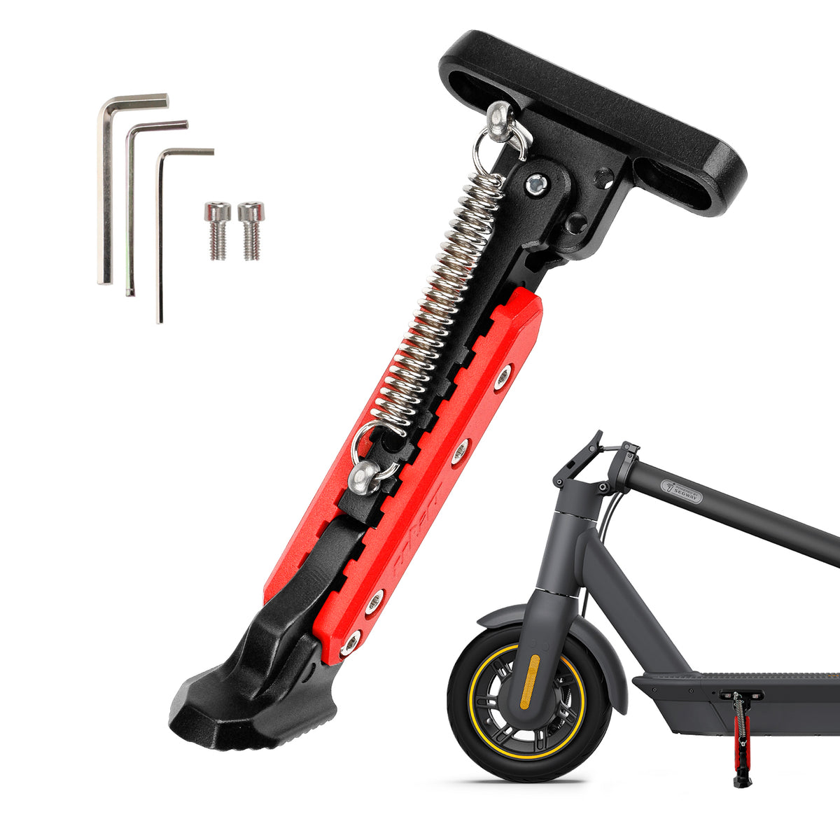 Béquille réglable noire et rouge pour trottinette électrique avec vis et clés Allen