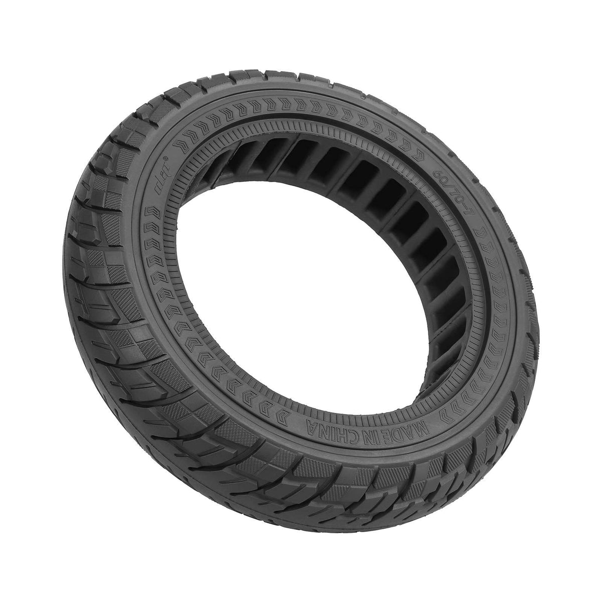 Pneu plein tout-terrain 10 pouces noir pour trottinette électrique vu en trois-quarts