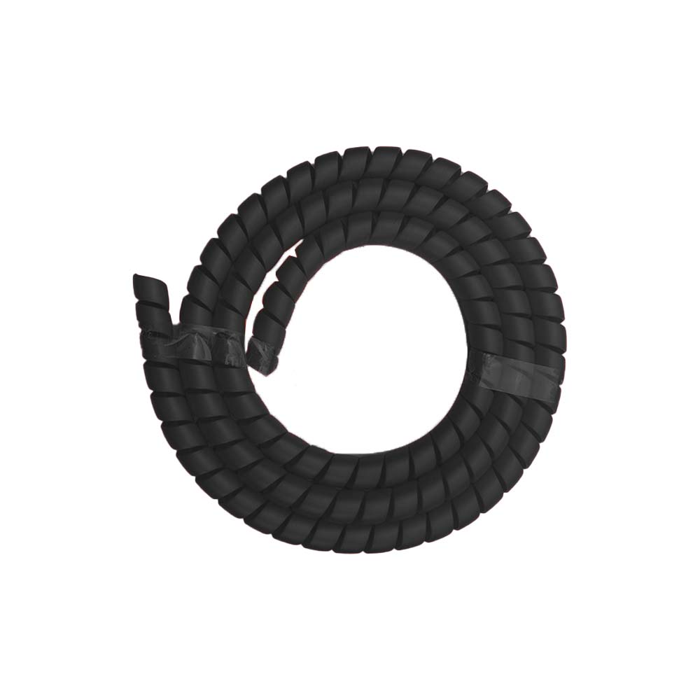 Gaine spirale protège-câbles noire enroulée sur fond blanc