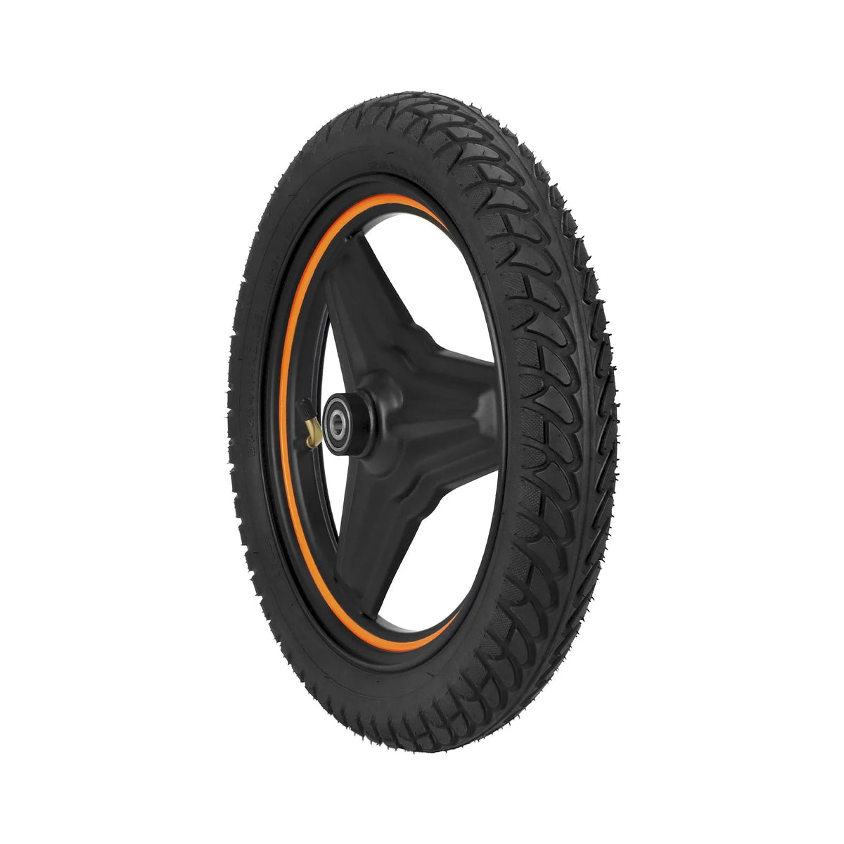 Roue avant complète 14 pouces noire avec liseré orange vue de trois-quarts
