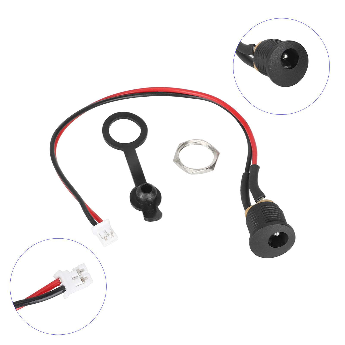 Port de charge rond DC 5,5x2,1 mm avec câbles rouge et noir et connecteur 2 broches