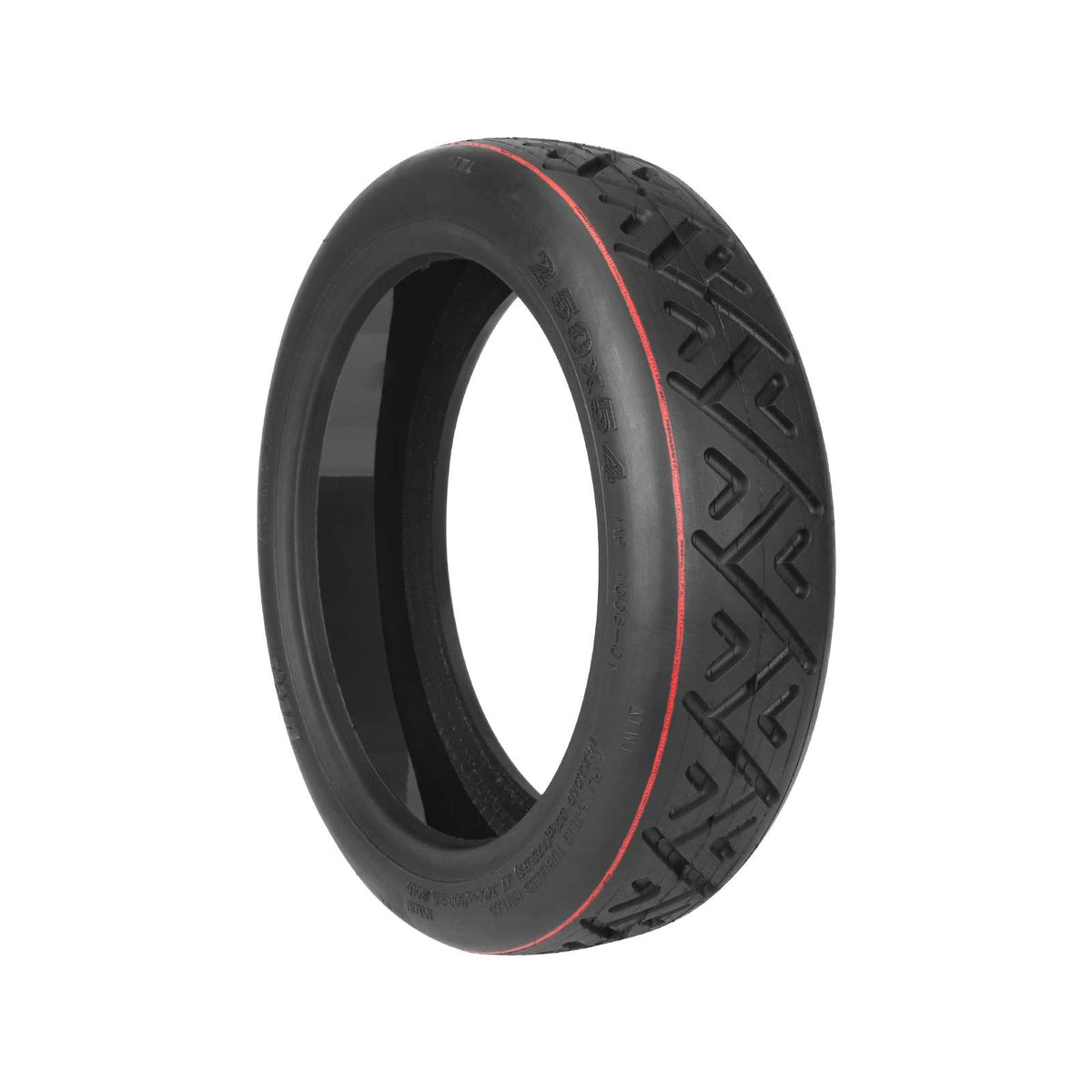 Pneu tubeless tout-terrain 10 pouces noir avec liseré rouge vu de trois-quarts