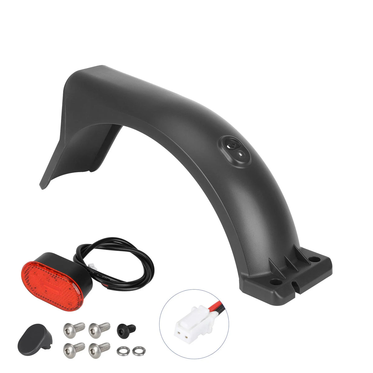 Garde-boue arrière noir avec feu arrière rouge, câbles et vis de fixation