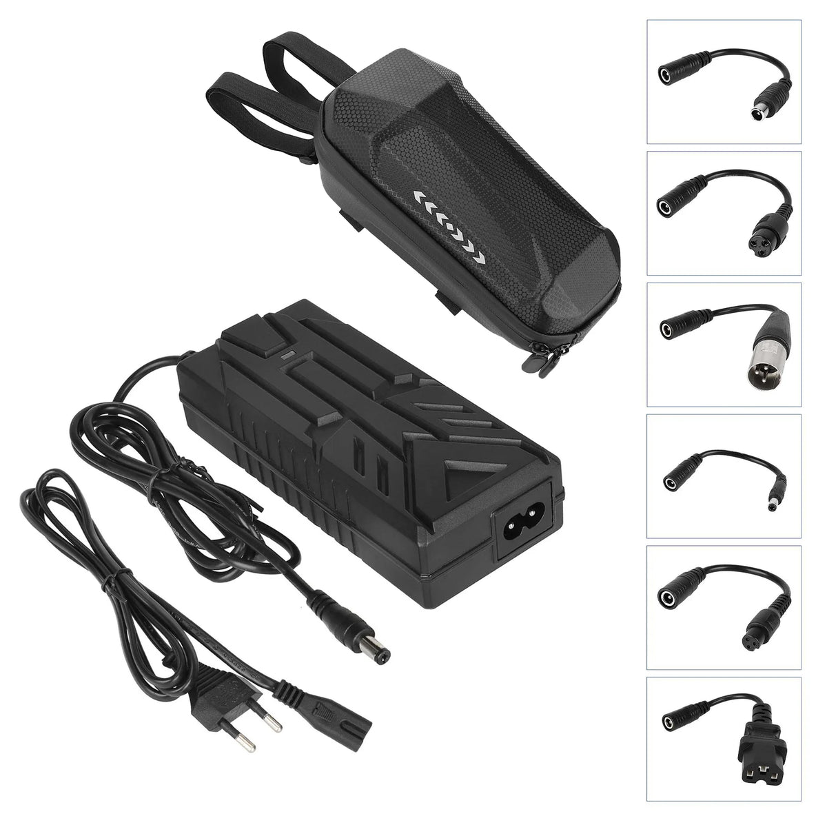 Chargeur 42V noir accompagné d'une sacoche rigide et de six adaptateurs de charge