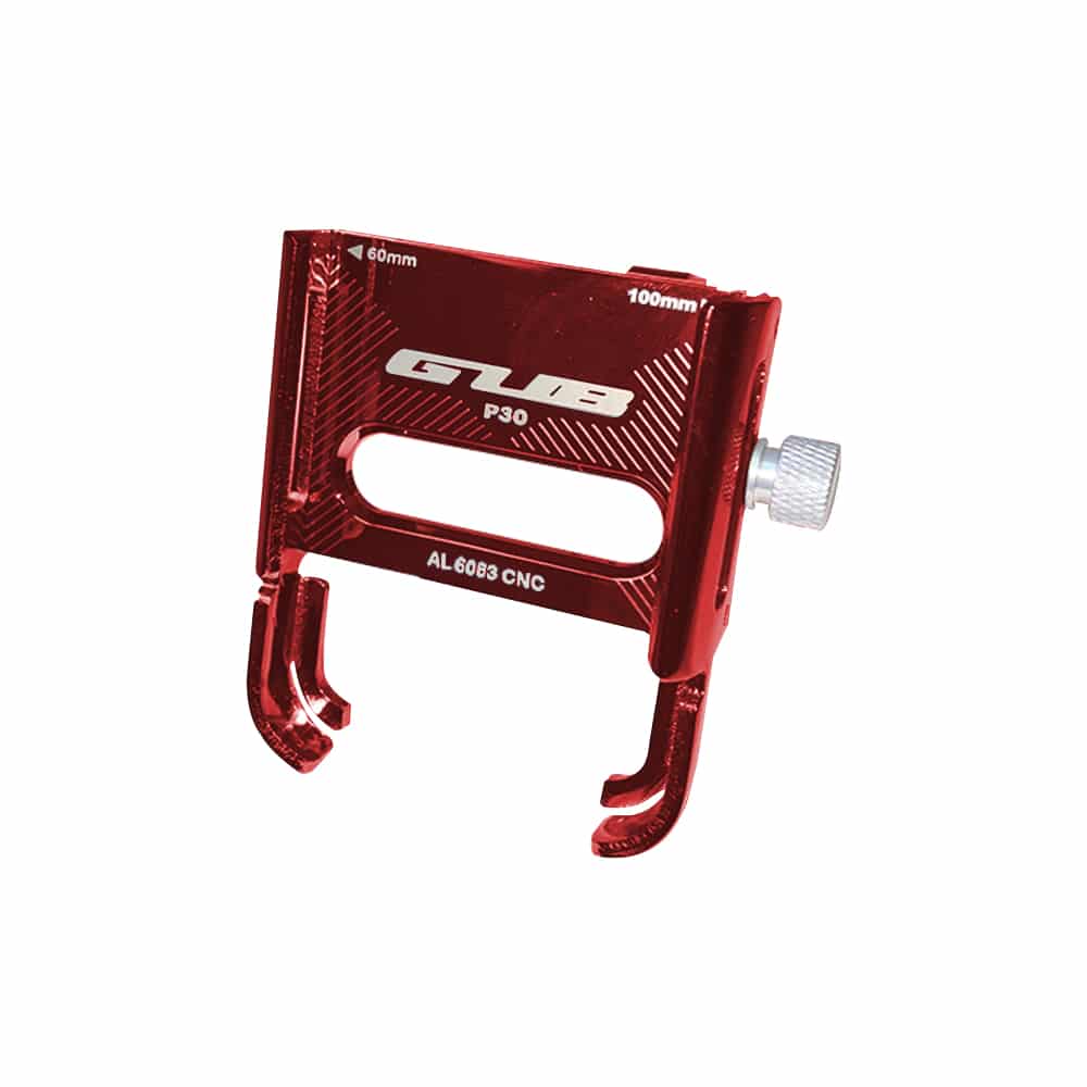 Support de téléphone en aluminium rouge vu de trois-quarts sur fond blanc
