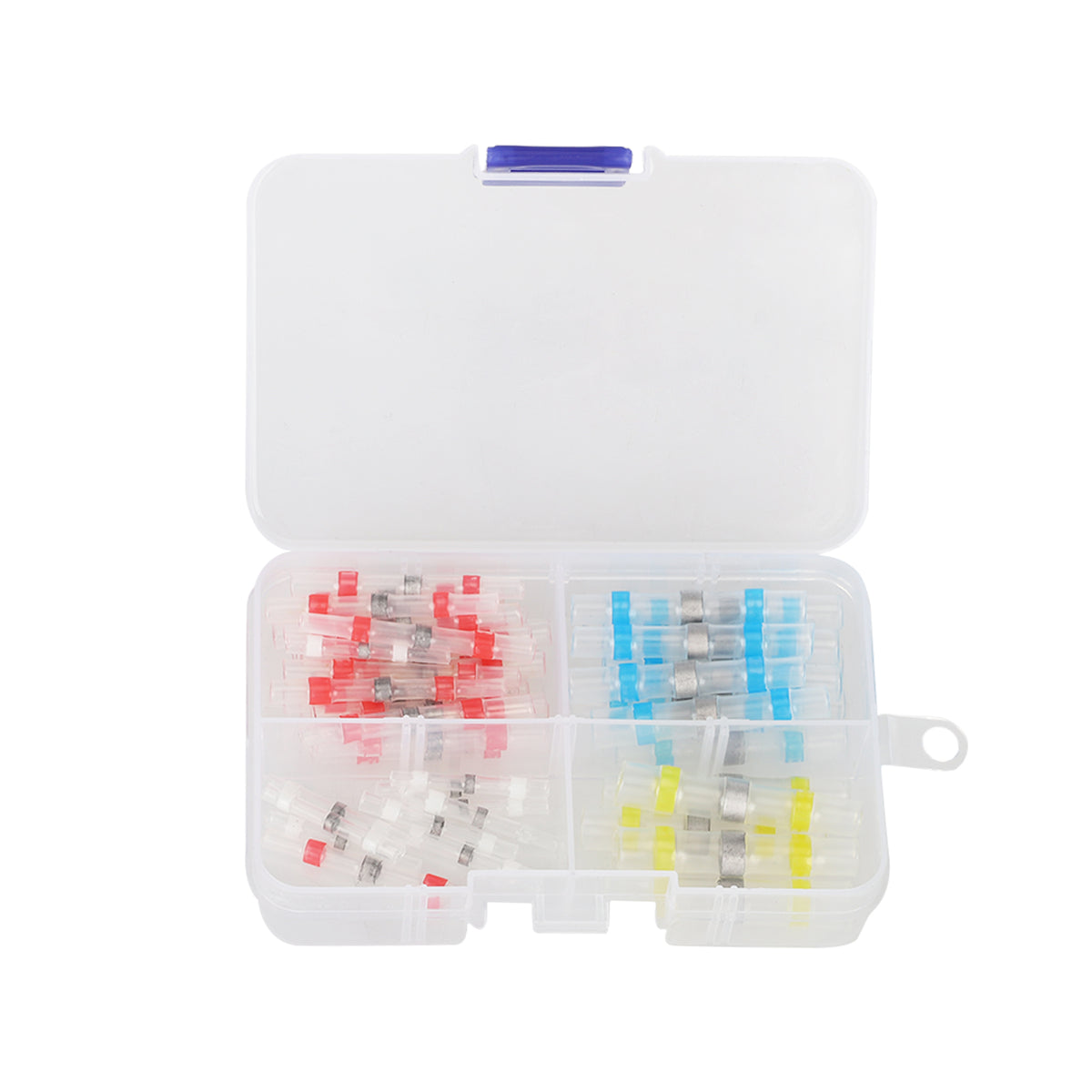 Boîte transparente contenant 50 gaines thermorétractables étanches avec bagues de soudure de différentes couleurs