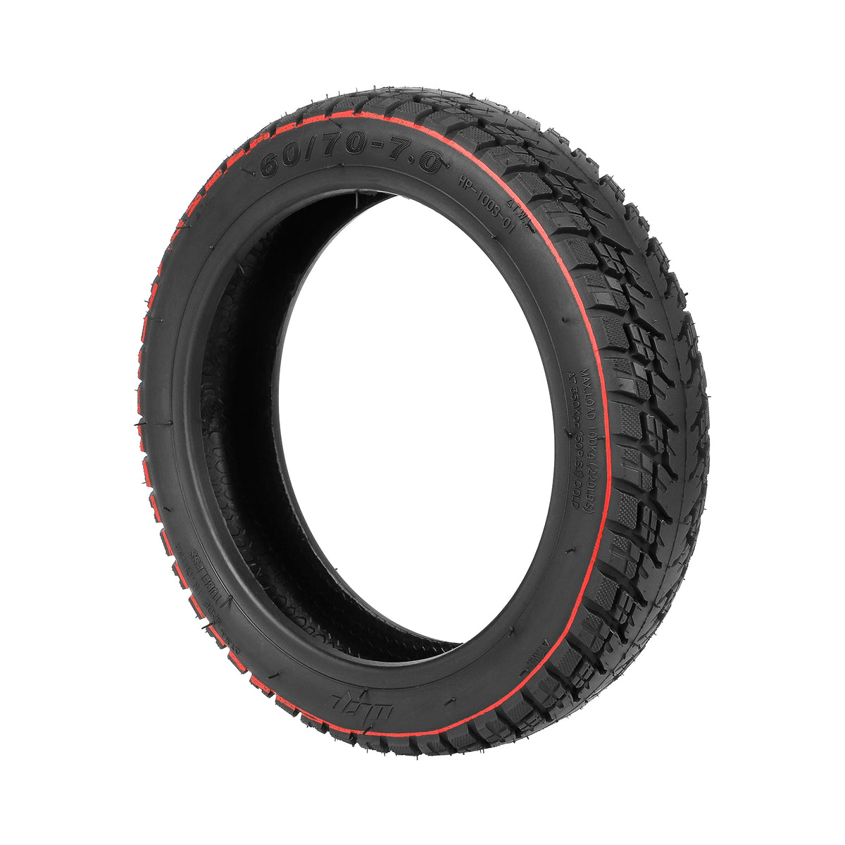 Pneu tubeless tout-terrain 10 pouces noir avec liseré rouge vu de trois-quarts