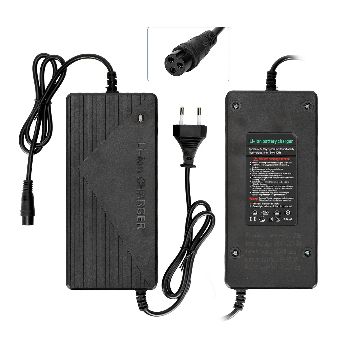 Chargeur rapide 67,2V 5A avec connecteur GX16 et prise secteur EU