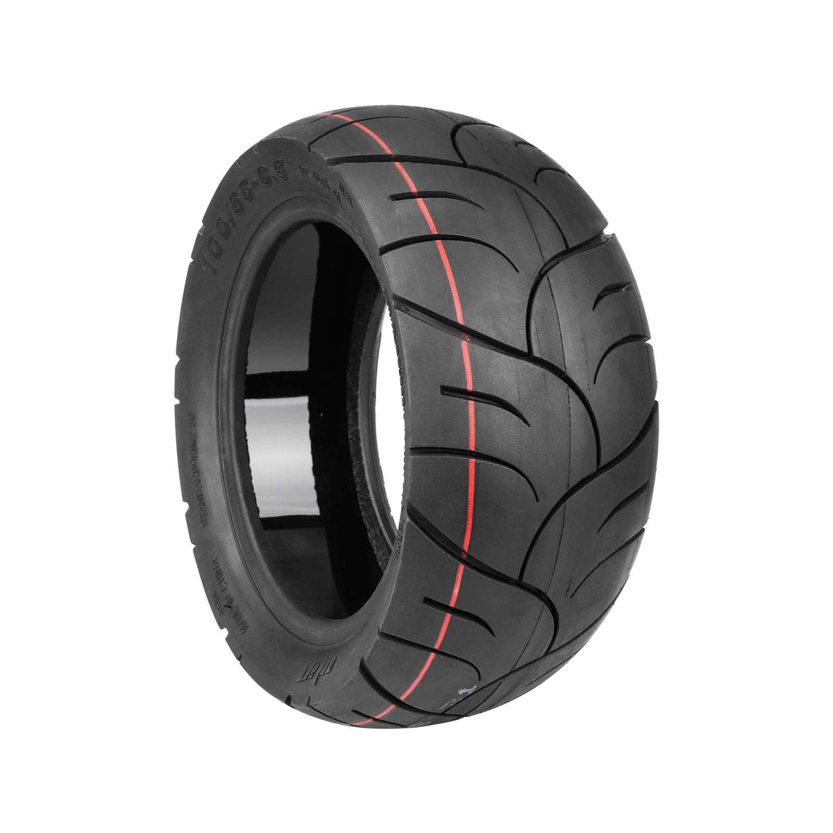 Pneu tubeless auto-réparant 11 pouces 100/55-6,5 noir avec liseré rouge vu de trois-quarts