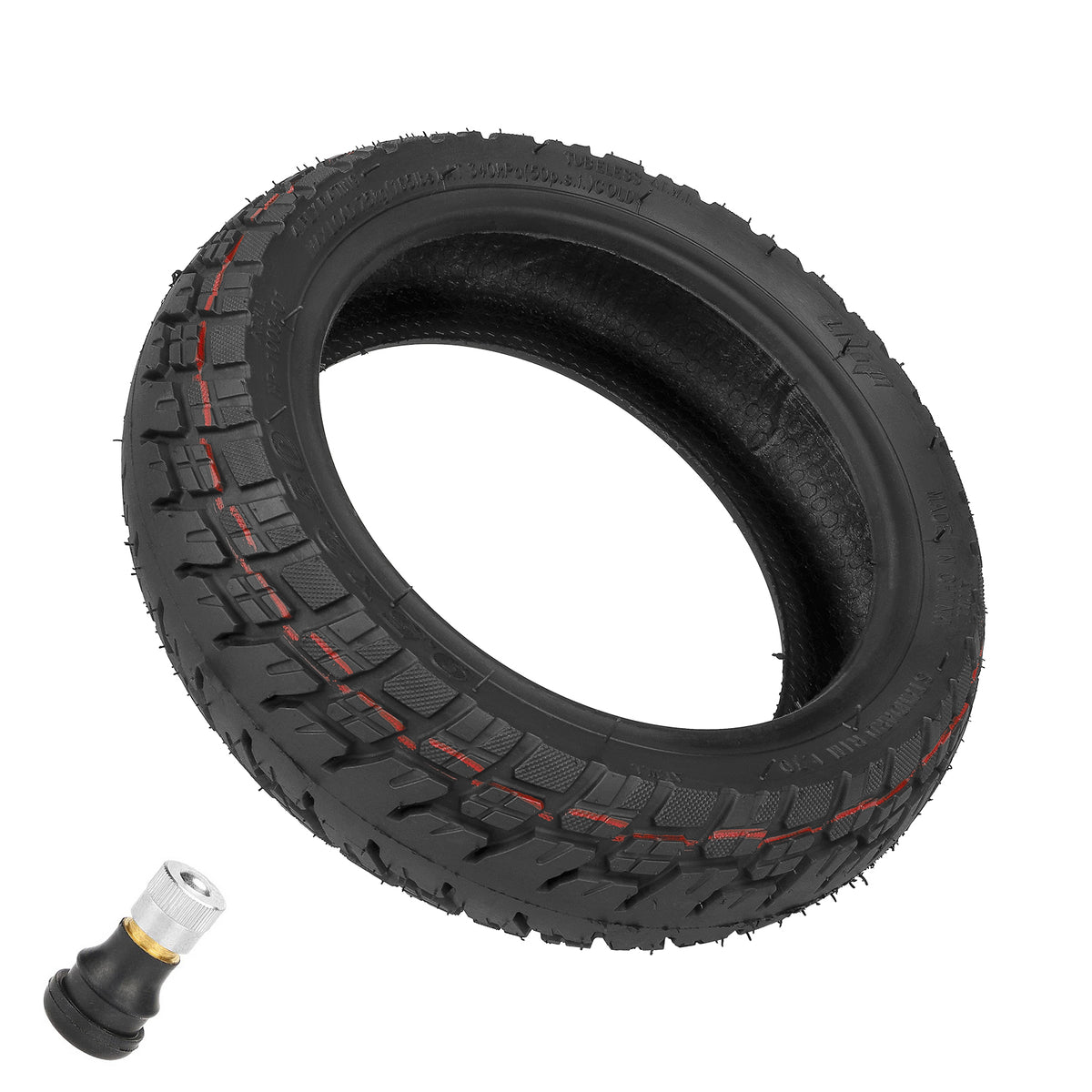 Pneu tubeless tout-terrain 9,5 pouces noir avec motifs rouges et sa valve fourni