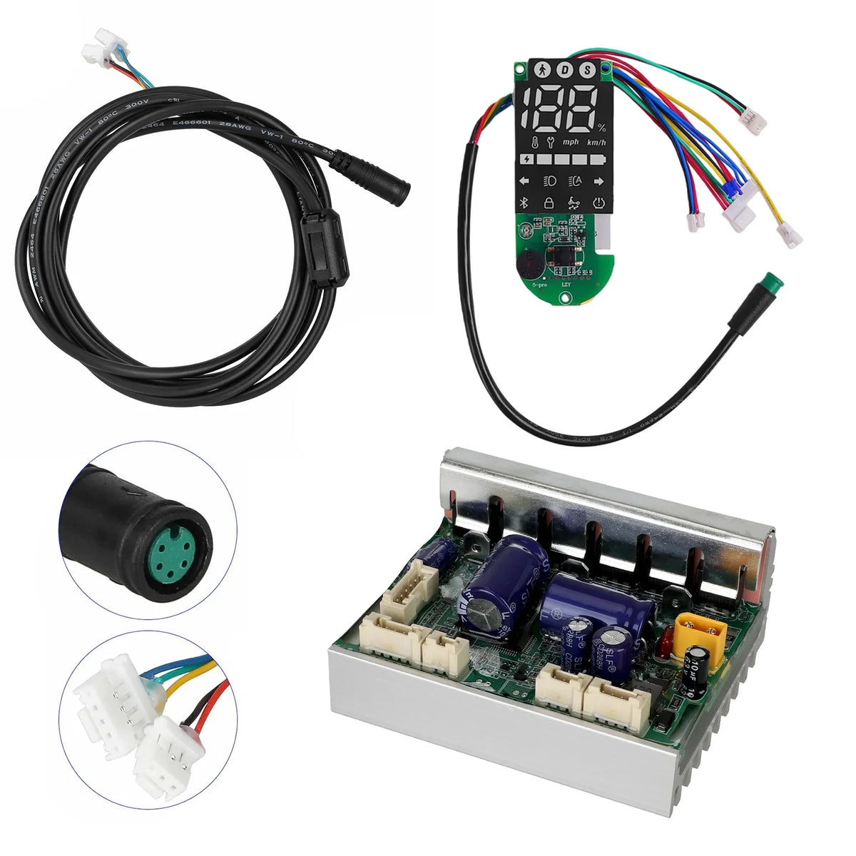 Kit avec contrôleur, carte Bluetooth et câble d'alimentation sur fond blanc