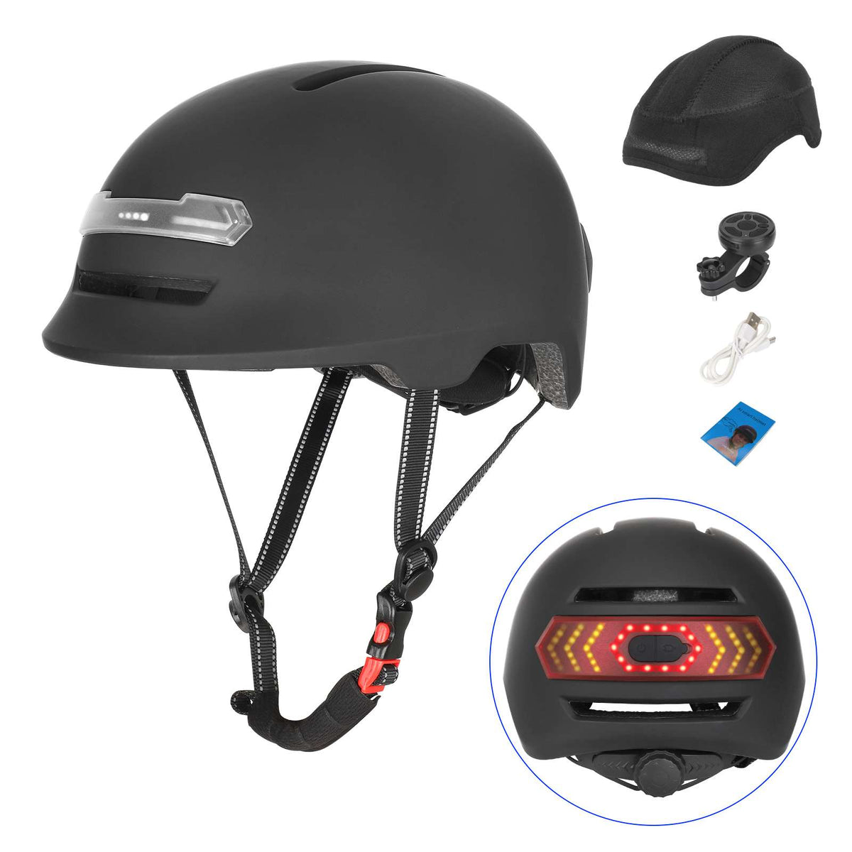 Casque connecté noir avec éclairage LED avant et arrière et ses accessoires