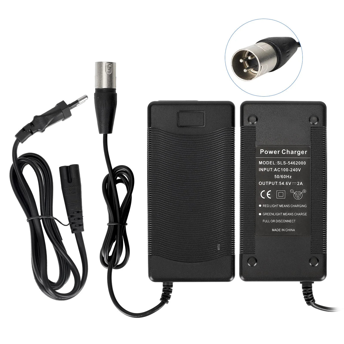 Chargeur de batterie 54,6V 2A noir avec embout Kallon à 3 broches et câble secteur
