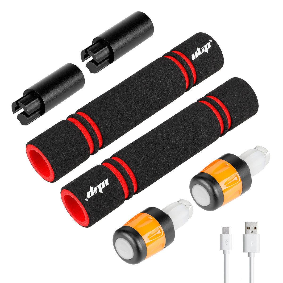Paire de poignées mousse noires et rouges, rallonges de guidon, embouts clignotants orange et câble de charge USB