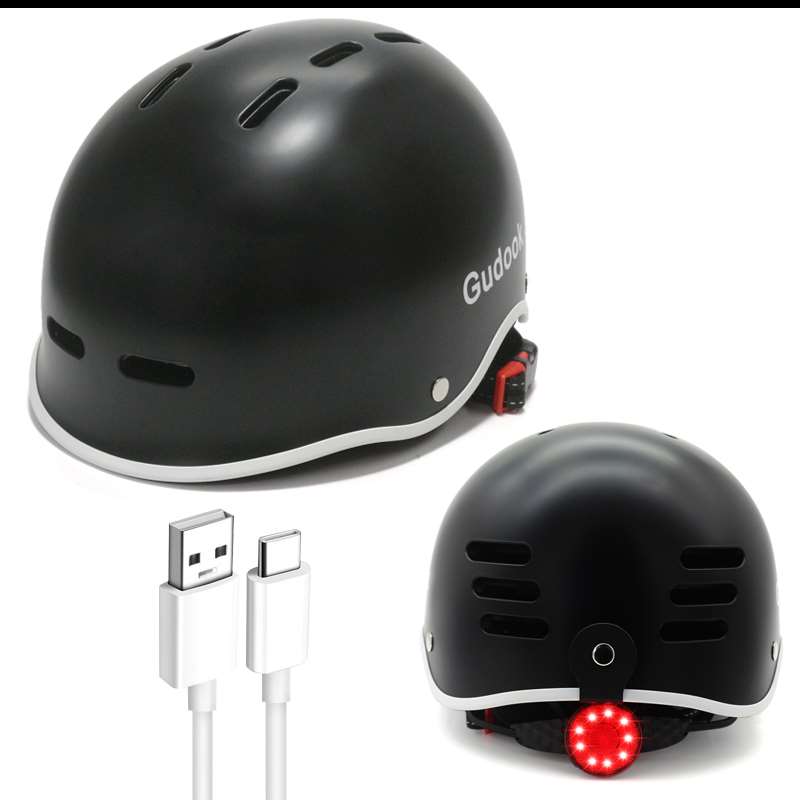 Casque urbain noir avec lumière LED arrière rouge et câble de charge USB