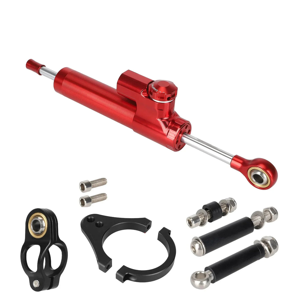 Amortisseur de direction rouge avec son kit de fixation noir et sa visserie