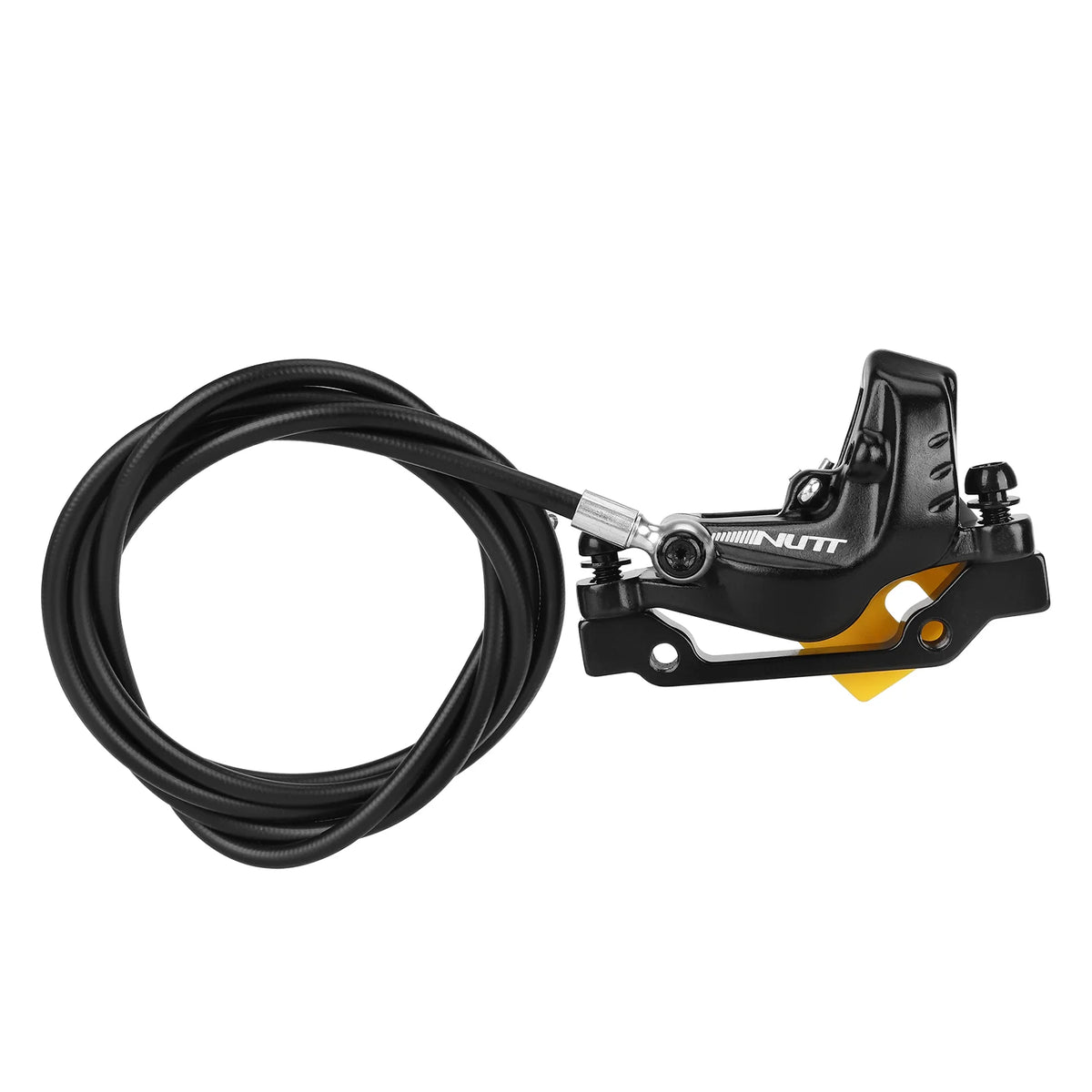 Étrier de frein hydraulique NUTT 4 pistons noir avant gauche avec durite de frein noire enroulée