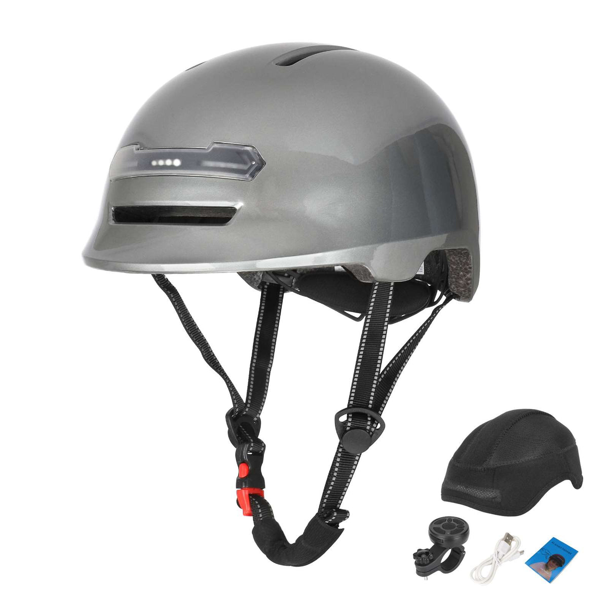 Casque Connecté Intelligent Gris avec Éclairage et Clignotants LED, vue 3